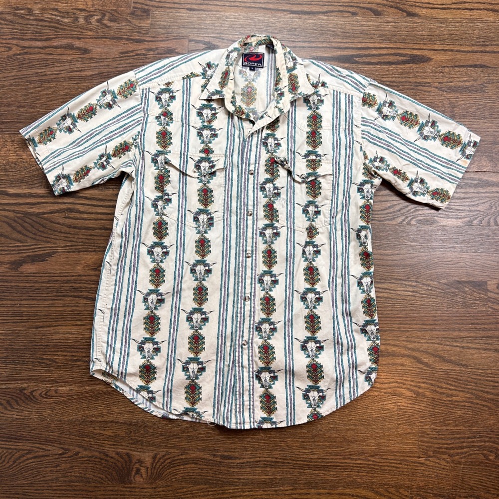 Roper Shirt Mens Medium Southwestern Steer Skull Pearl Snap Short Sleeve Cream